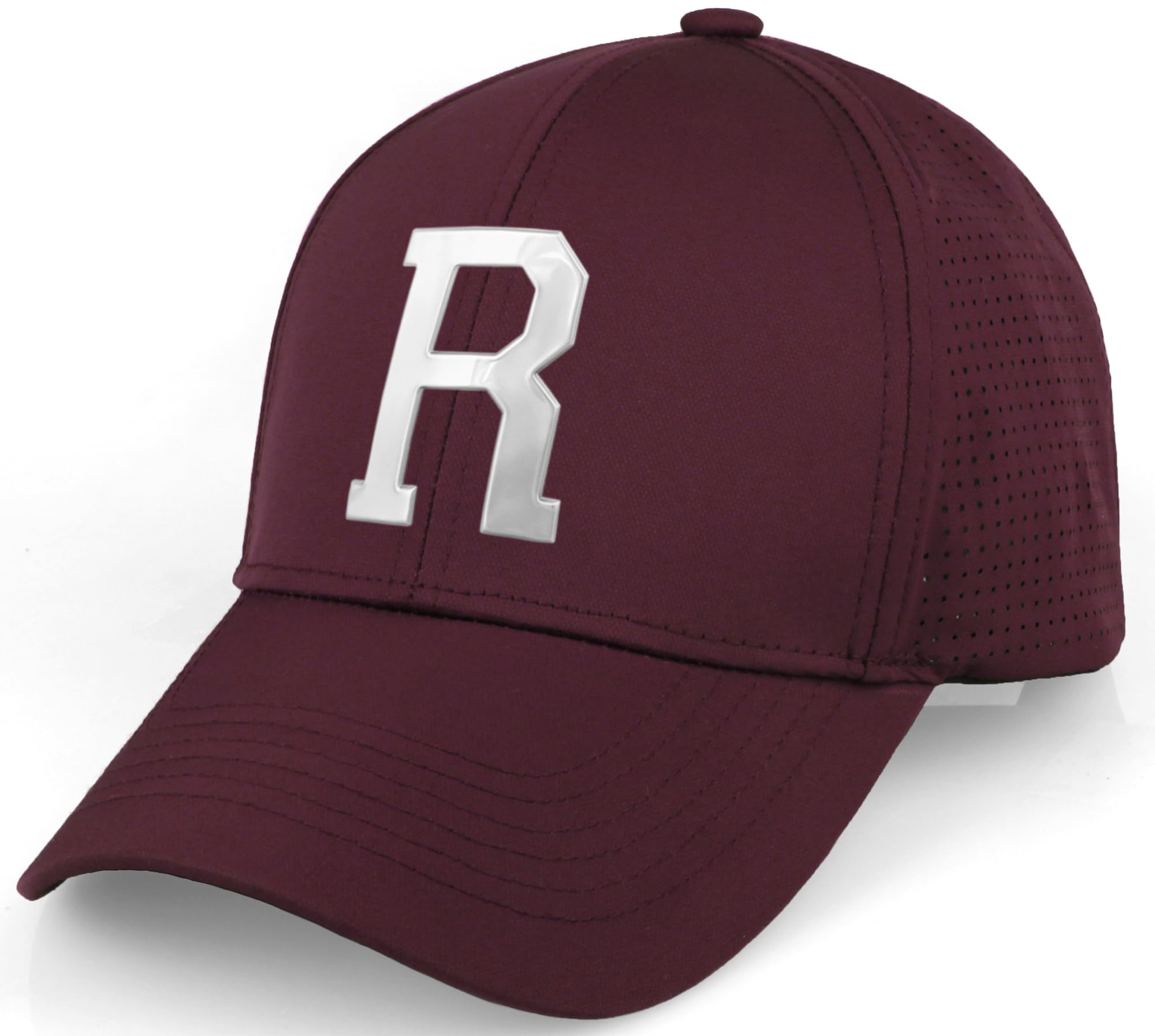 Daxton Performance Cool Tech Baseball Hat - Burgundy Cap, Silver Logo Letter R