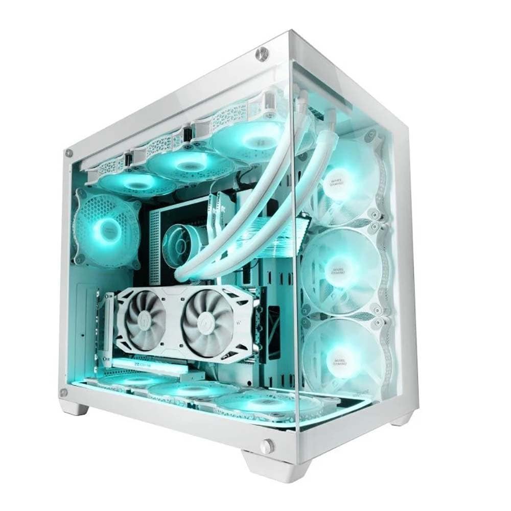 Mars Gaming MCV4, Torre Gaming Custom XXL E-ATX, Ventana Cristal Templado Lateral y Frontal Sin Marco, Estructura Modular Doble Cámara, Blanco