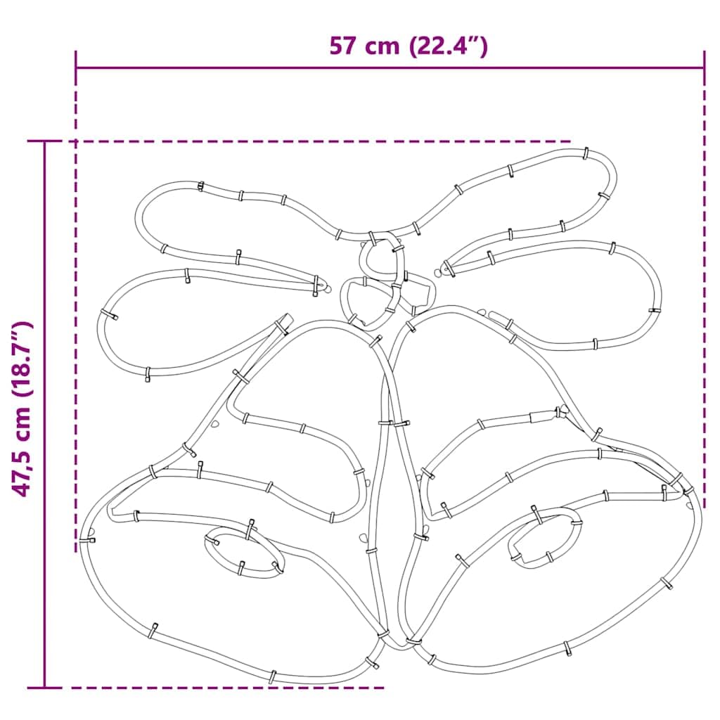 Dzwonek bożonarodzeniowy z 144 wielokolorowymi diodami LED, 57 x 47,5 cm, dekoracja PCW, zasilany wtyczką, do wnętrz, trwała ozdoba choinkowa na Boże Narodzenie, adwent i zimę