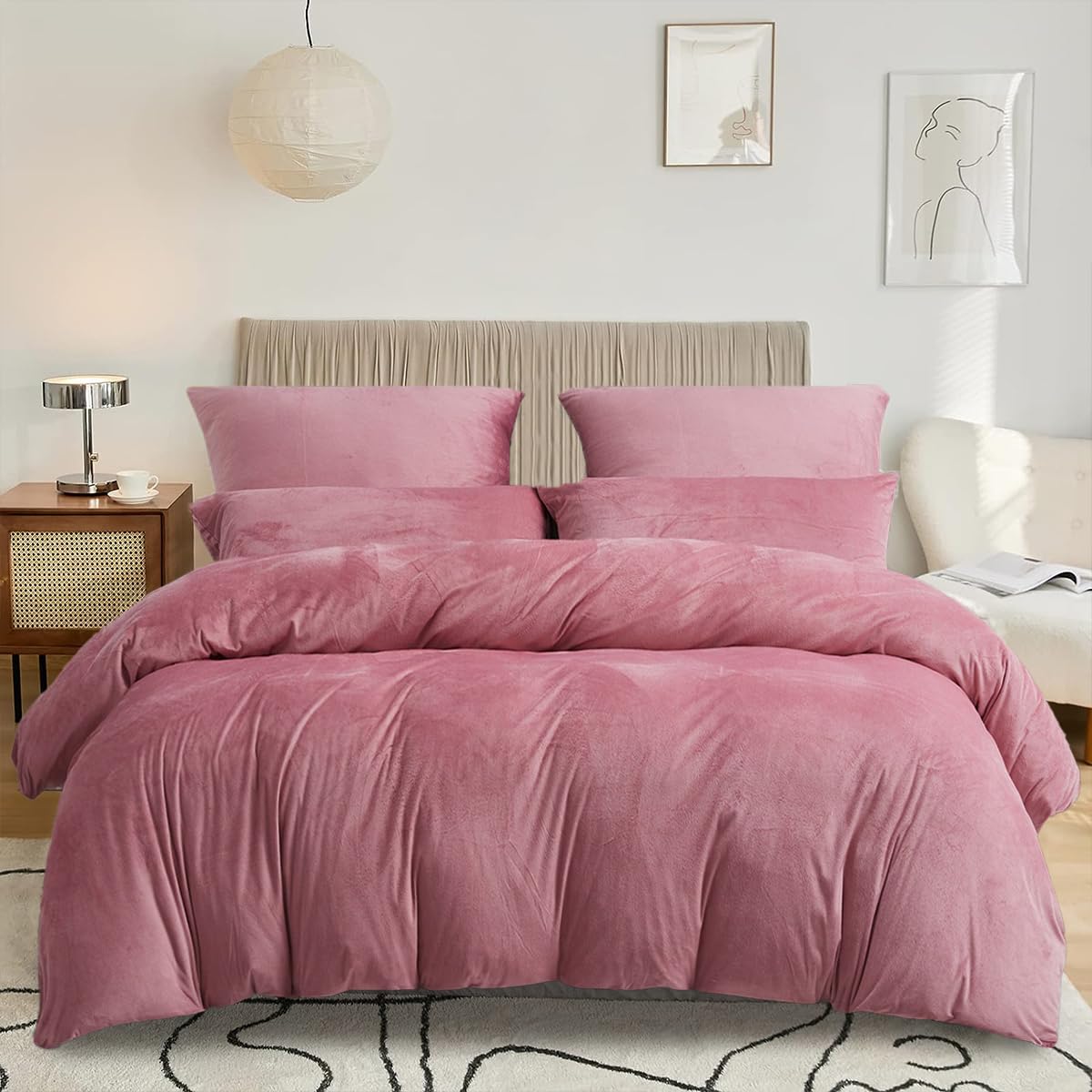 DXHOME Warm Bed Linen 200 x 220 cm Pink Dusky Pink Plush Cuddly Fluffy Fleece Cashmere Touch Coral Reversible Bed Linen Microfibre Duvet Cover with Zip and 2 Pillowcases 80 x 80 cm