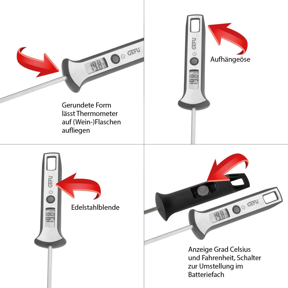 Close-up of the GEFU Digital Thermometer Scala® handle, indicating the battery compartment and the Celsius/Fahrenheit switch.
