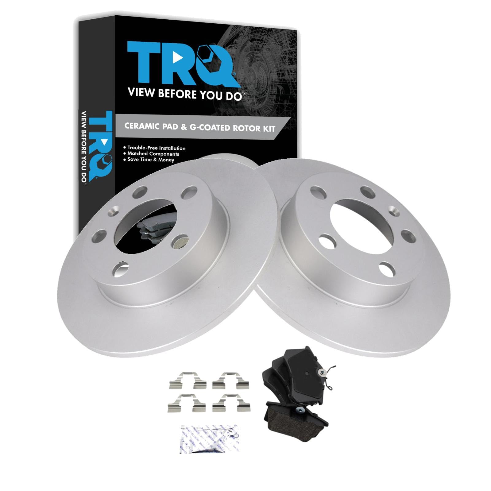 TRQ Rear Brake Pad and Rotor Set Ceramic G Coated Rotors Compatible with 2000-2006 Audi TT 1999-2008 Volkswagen Beetle 1999-2006 Golf 1999-2005 Jetta