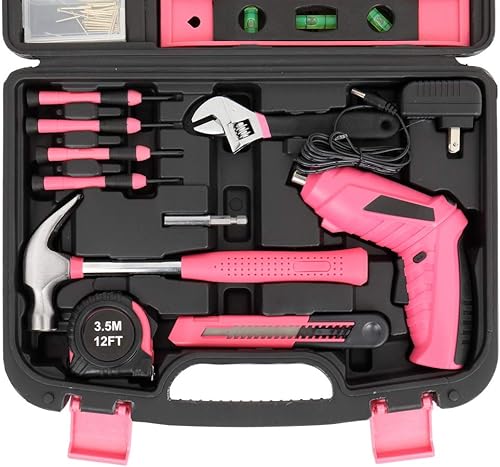 Miniatura 4 de Juego de 149 herramientas de hierro para el hogar, kit de herramientas para el hogar, color rosa, para niñas, mujeres y mujeres, incluye todas las