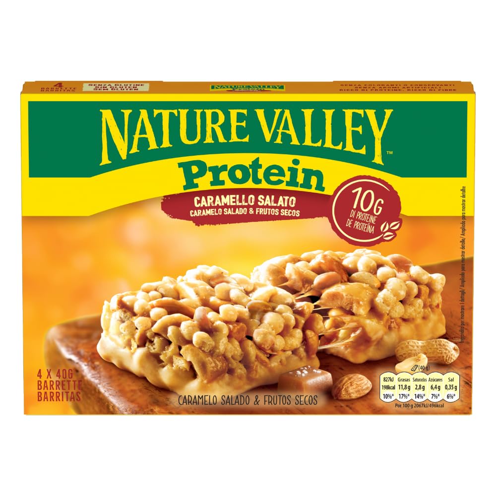 Nature Valley Protein, Barrita de Caramelo Salado y Frutos Secos con 10g de Proteína, Sin Gluten, Apto para Vegetarianos, 4x40g