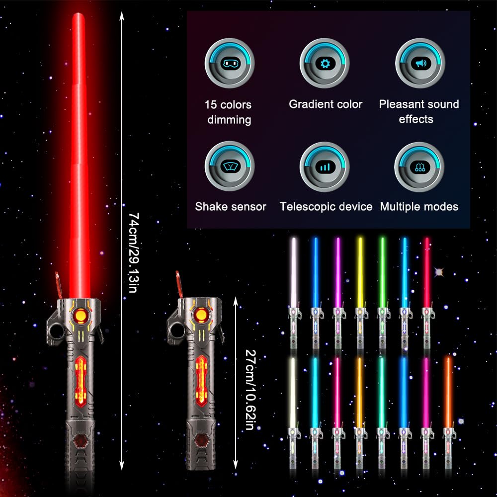 Miecz laserowy zabawka dla dzieci, Lightsaber, RGB 15 kolorów miecz laserowy Star Wars z symulowanymi efektami dźwiękowymi świecący miecz laserowy, wysuwany miecz świetlny 2 w 1 dla dzieci