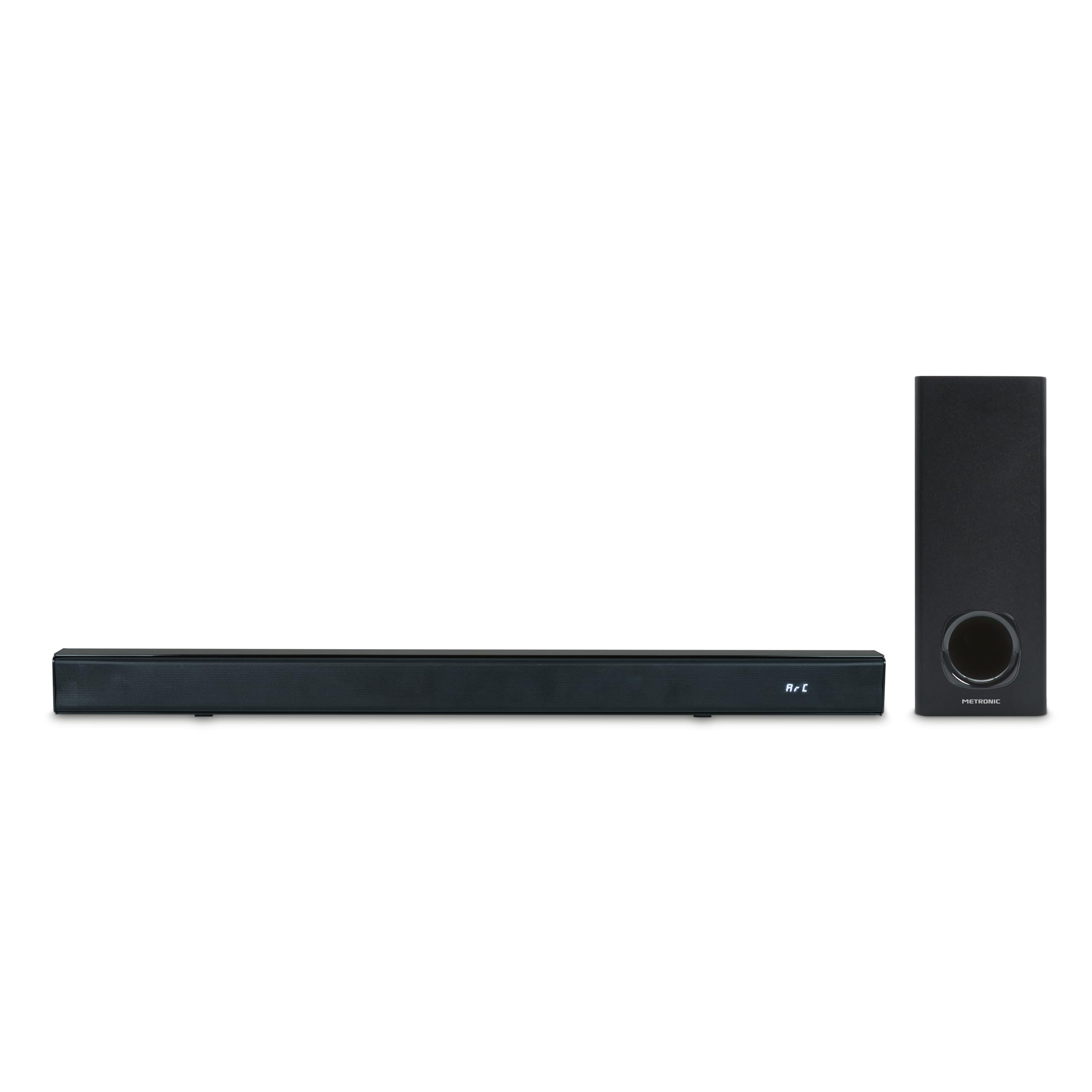 Metronic 477592 - Barra de Sonido Bluetooth v5.3 con subwoofer con Cable, para PC o TV, 180W, Estereo 2.1, Tomas Audio TV, USB, AUX, óptica, Montaje Mural, Mando a Distancia