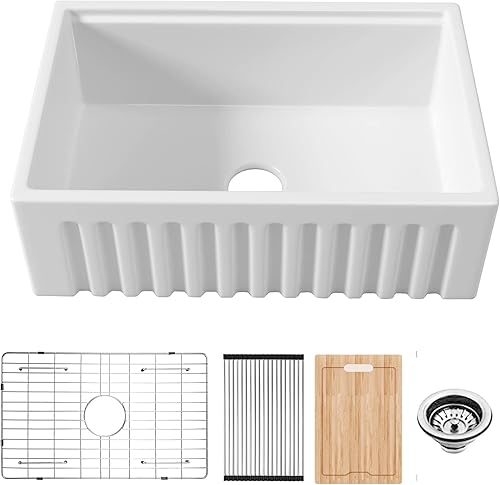 Miniatura 9 de Fregadero de cocina con estación de trabajo de porcelana de arcilla refractaria de 30 pulgadas, de cerámica reversible, delantal de granja con