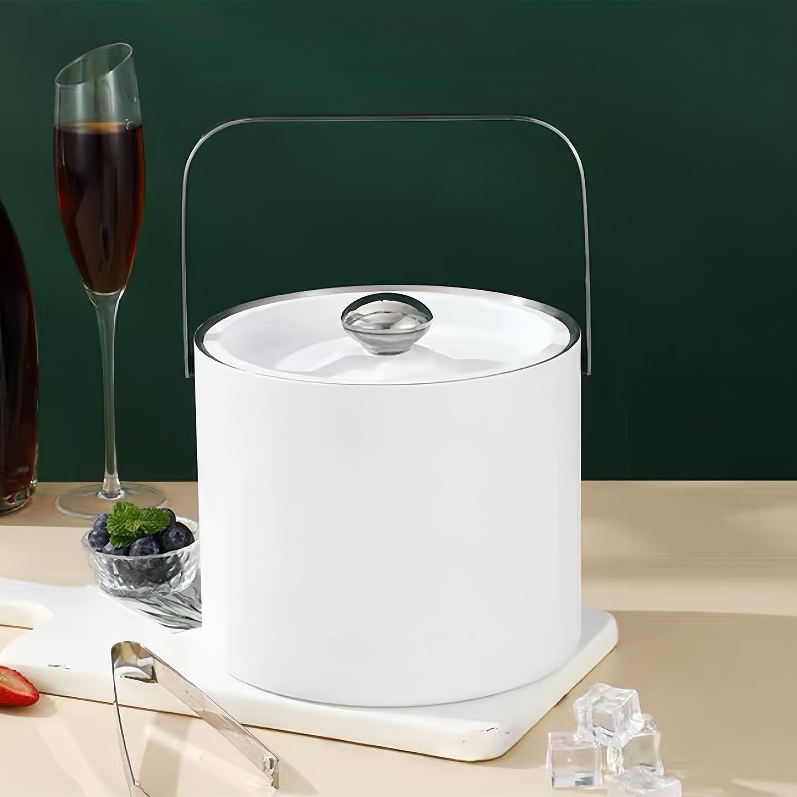 3L Double Paroi Seau à Glaçons Isotherme en Acier Inoxydable, Seau Champagne en Métal, Seau à Glacons Isotherme, Seau à Glaçons avec Couvercle Grattoir à Glace (Blanc)