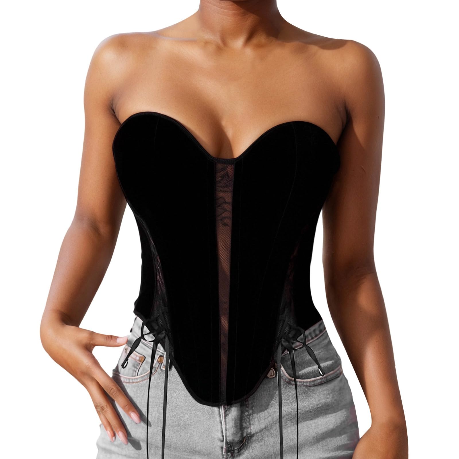 Corsetto da donna in velluto, pizzo e rete con stecche in acciaio