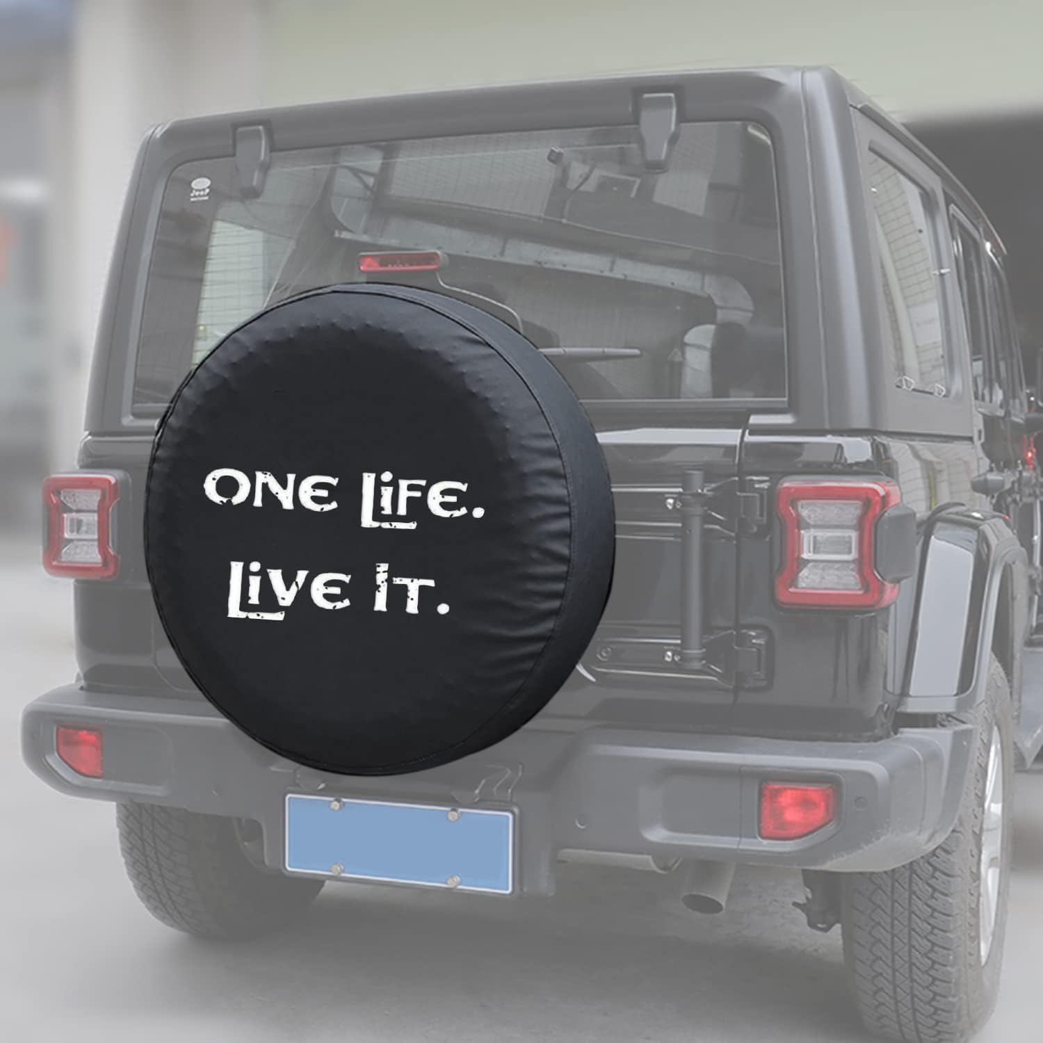 YOCTM Thickening Leather Spare Tire Wheel Cover for Jeep Wrangler JK JL JT TJ Sahara Rubicon Hummer FJ Fits 31-33 Inch Tires White Print One Life Live It (fits: 265/75R16, 255/75R17)