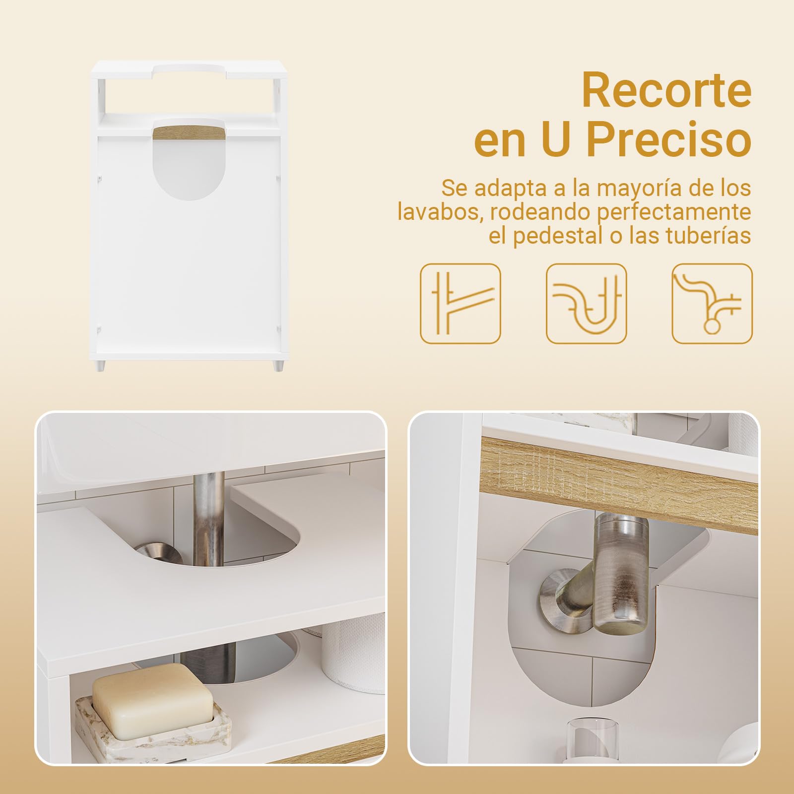 SoBuy Mueble Bajo Lavabo Estrecho con Recorte en U 40x60x30cm para Baño | Mueble Lavabo con Pie, Armario Baño Suelo para Aseo de Invitados y Espacios Pequeños, Blanco Mate y Madera BZR222-W