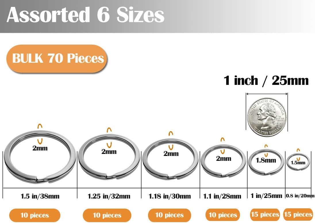 Ewparts 70 Pcs Key Rings Assorted Sizes, 6 Sizes Heavy Duty Metal Key Chain Rings with Flat O Shape,Split Keyrings for Crafts, Jewelry, Lanyard, Car Keys,DIY – 20mm to 38mm (20, 25, 28, 30, 32, 38mm)