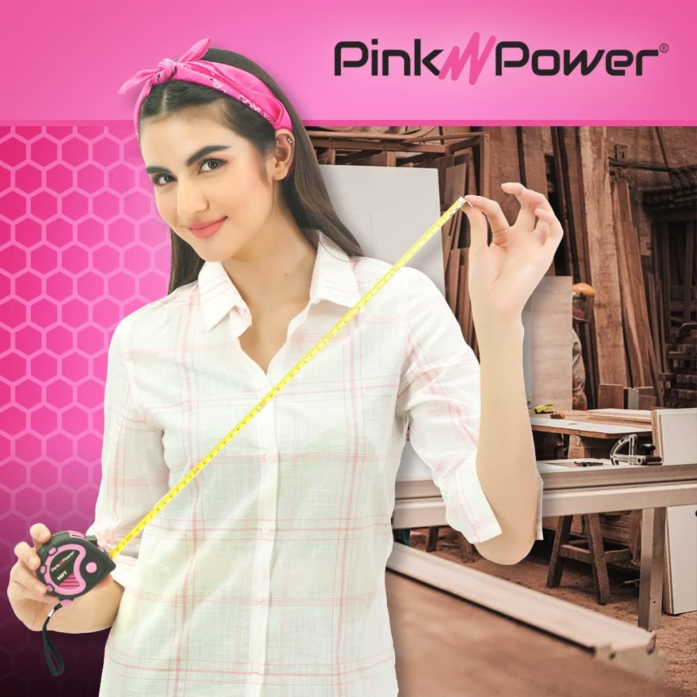 Pink Power - Cinta métrica de 4,9 m, cinta métrica rosa para mujer, con cuchilla retráctil y botón de bloqueo, cinta métrica para niñas para herramientas rosas