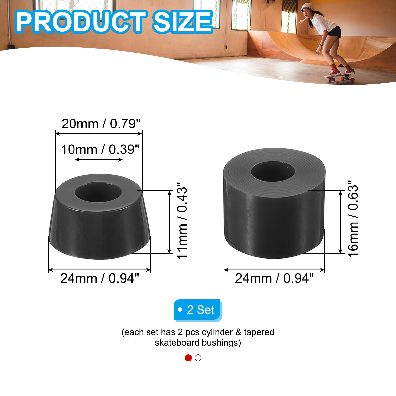 PATIKIL Skateboard Bushings, 2 Set 90A PU Long-Board Truck Bushings Rebuild Kit for Skateboard Parts, Black/White