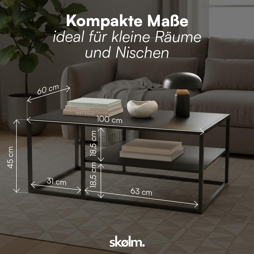 skølm Skadi Couchtisch aus Metall – Wohnzimmertisch mit 2 Ablagen – Beistelltisch in Schwarz – Sofatisch höhenverstellbar – Mitteltisch 45x100x60 cm (HxBxT) – eckiger Kaffeetisch mit Stauraum