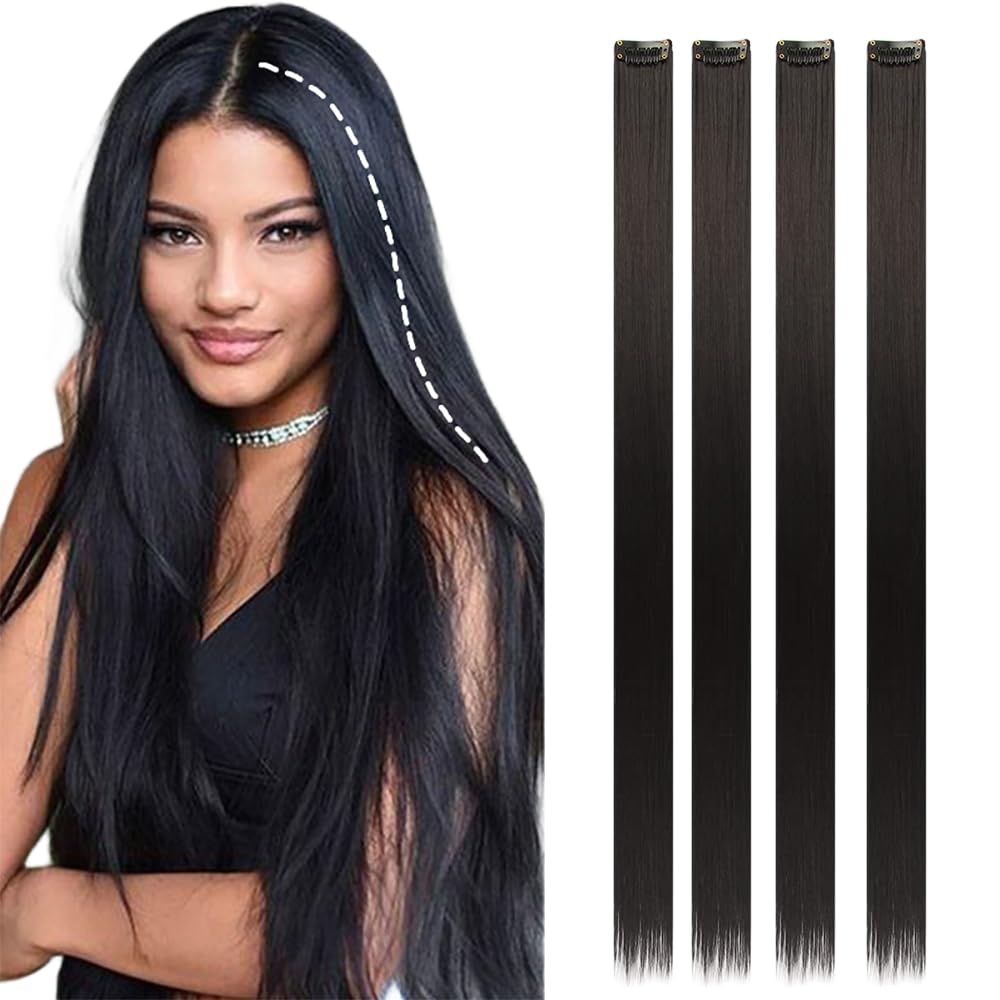 Fapiwen Straight One Color Hair Streak, 4pcs Hair Extensions, Hair Colour Strips, Artificial Hair For Women, Hair Wig For Women And Girls (Black)