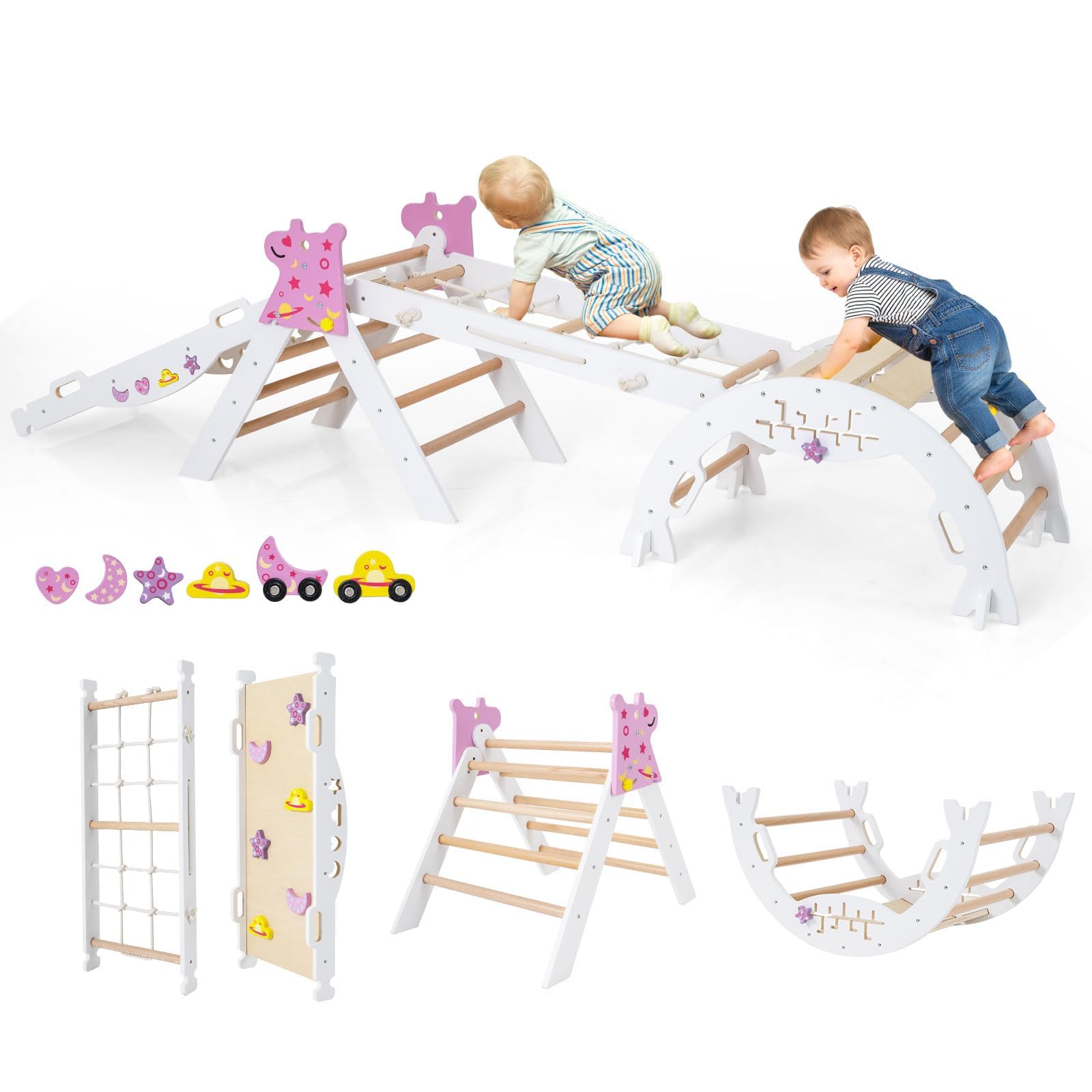 FANTASK Set di 4 telai da arrampicata 7 in 1 per interni, con scivolo, arco da arrampicata, rete, con rampa su entrambi i lati, set di mattoncini e 2 auto, unicorno, triangolo da arrampicata in legno