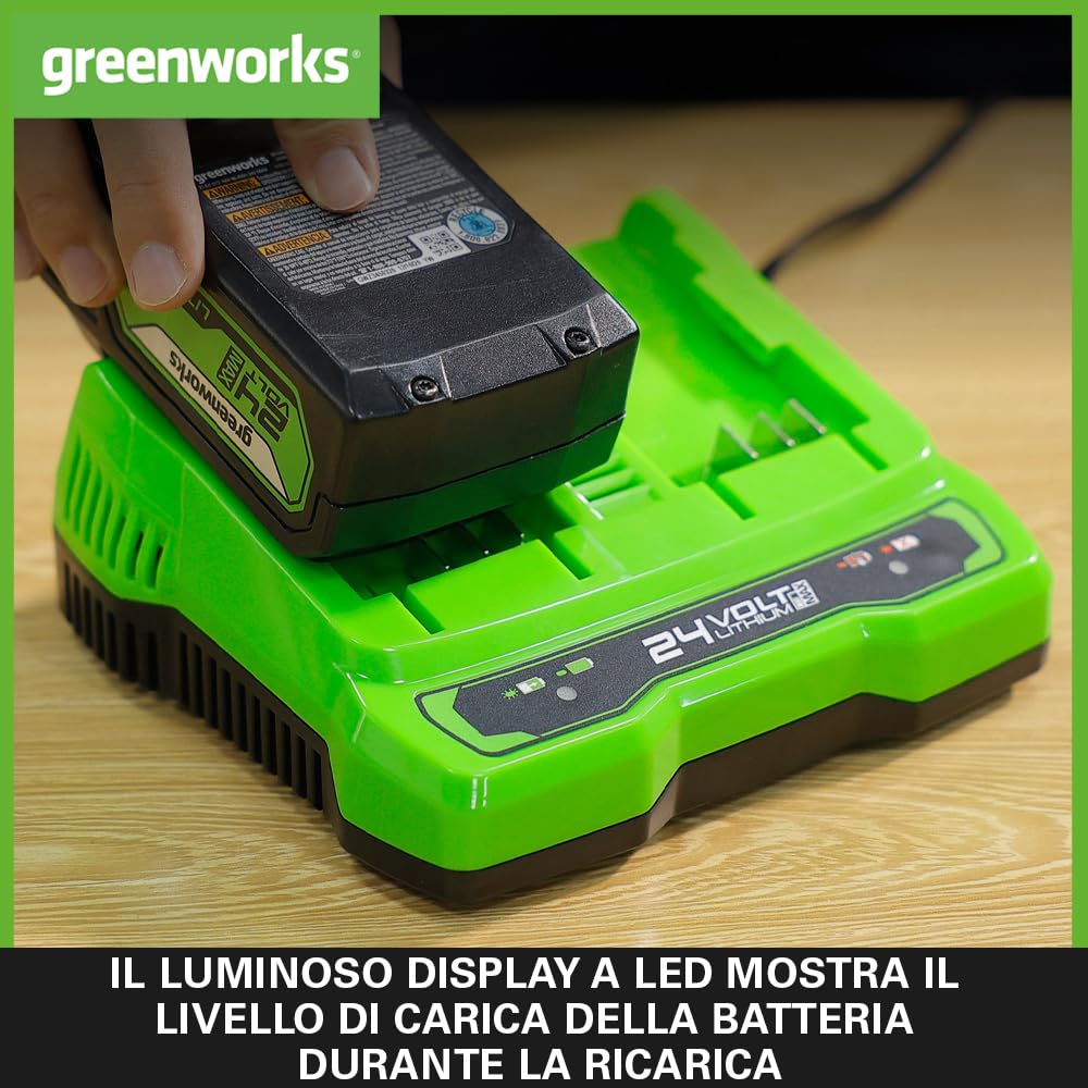 Greenworks Batterie 24V e Caricabatterie Doppio Slot - Due Batterie Ricaricabili 4Ah per Tutti gli Elettroutensili Greenworks 24V, Uscita 48W Tensione 4A, Carica Singola in 60 Minuti - G24B4 & G24X2C