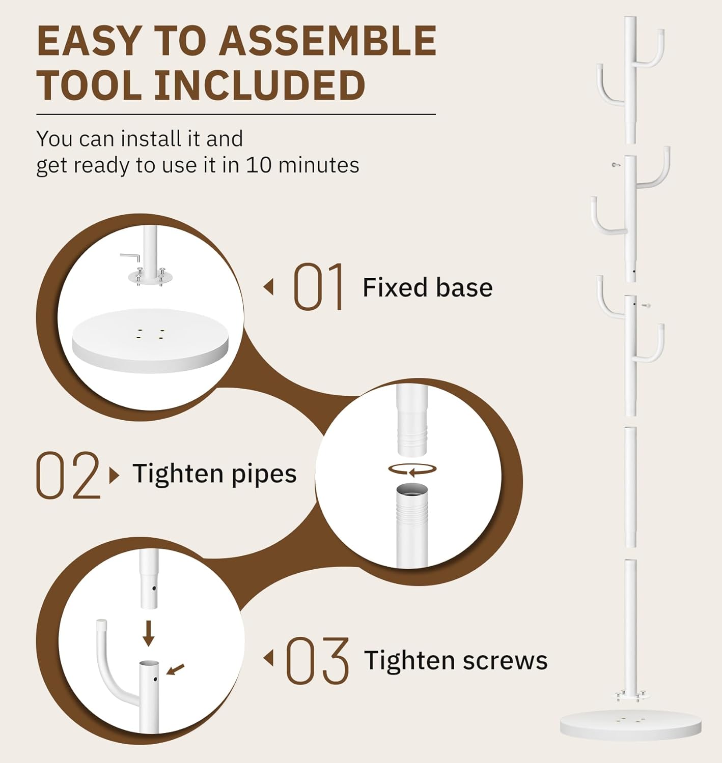 MISSLO Heavy Duty Coat Rack Freestanding 4 Adjustable Size Coat Tree with Stable Wood Base Coat Hanger Stand with 6 Hooks Standing Clothes Tree for Bedroom, White