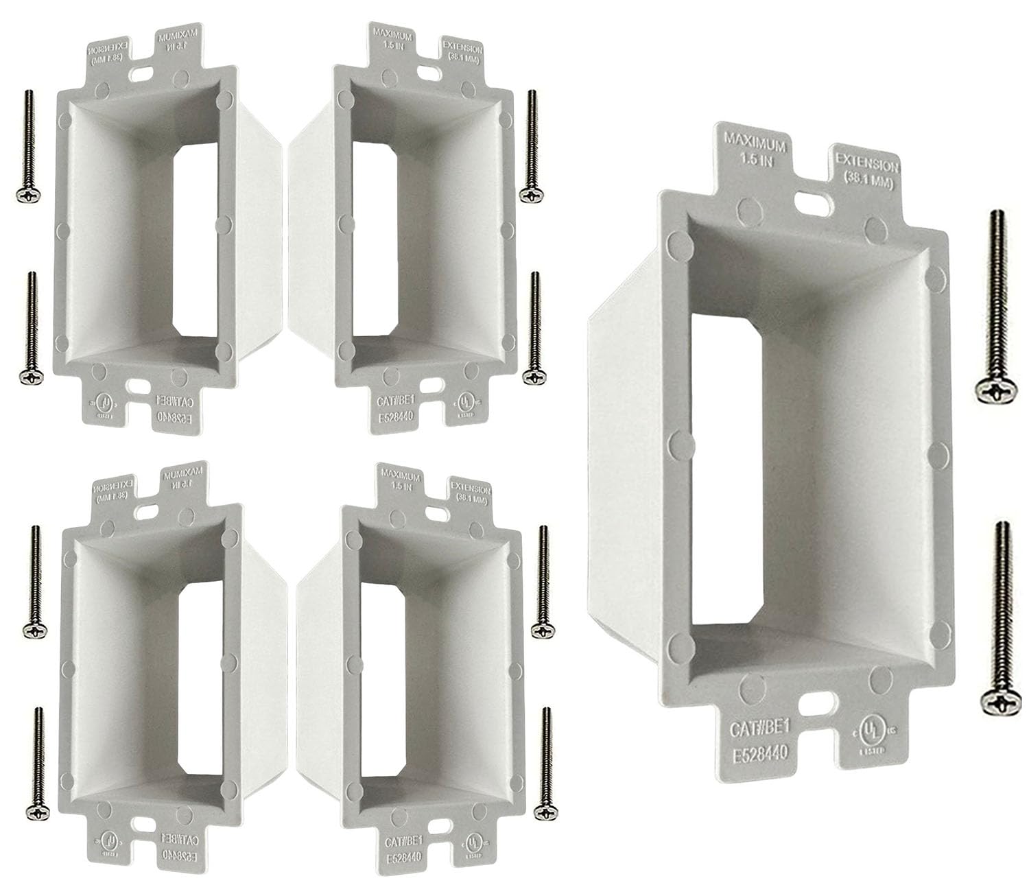 iMBAPrice BE1-5 (1-Gang) Electrical Power Outlet Box Extender - White, (5-Pack) with 6-32 Flat Head screws