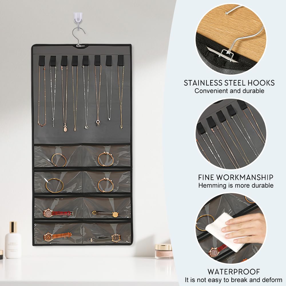 48 Compartimentos Organizador de Joyas Colgante 43 X 78 CM,Colgador Collares Pared con Ganchos,Soporte Collares Expositor para Colgar,Hanging Jewelry Organizer para Anillo, Pulsera -Gris