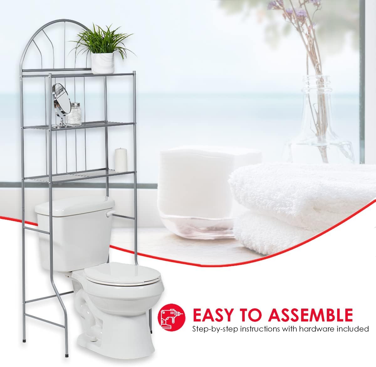 Home Basics 2 Shelf Enamel Coated Steel Over The Toilet Space Saver, Grey | Organize All Your Bathroom Essentials | Easy to Assemble