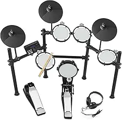 Kit de Bateria Eletrônica com Compatibilidade de Pedal Duplo, Conjunto de Bateria Elétrica com Auscultadores e Bastões, Kit de Estreia de Bateria, Bateria Instrumento com 5 Pads de Bateria e 3 Pratos