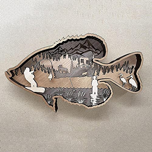 Gaofan Hand Painted Fish Wall Decor, 3D Stacked Hand Carved Fishing Scene, Unique Fish Wall Sculpture, Hanging Wooden Home Decorations, For Indoor Outdoor,Largemouth Bass #TOP5