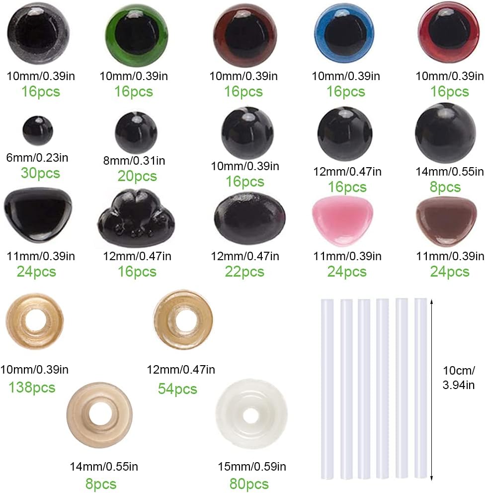 Jupean 566Pcs 6mm-14mm Colorful Safety Eyes and Noses Set, Plastic Safety Eyes and Noses, 170pcs Plastic Safety Eyes and 110pcs Safety Noses with 280pcs Washers for Animal Stuffed Toys