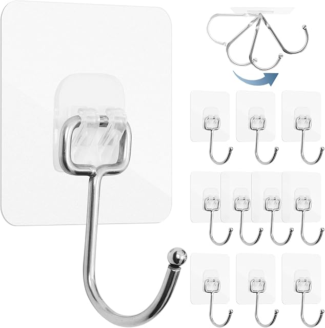10 Pcs Adhesive Hooks Heavy Duty 44lb/20kg(Max), Large Size Sticky Hooks Clear Strong Adhesive Hooks Nail Free Strong Wall Hooks Adhesive for Bathroom Home Kitchen and Office