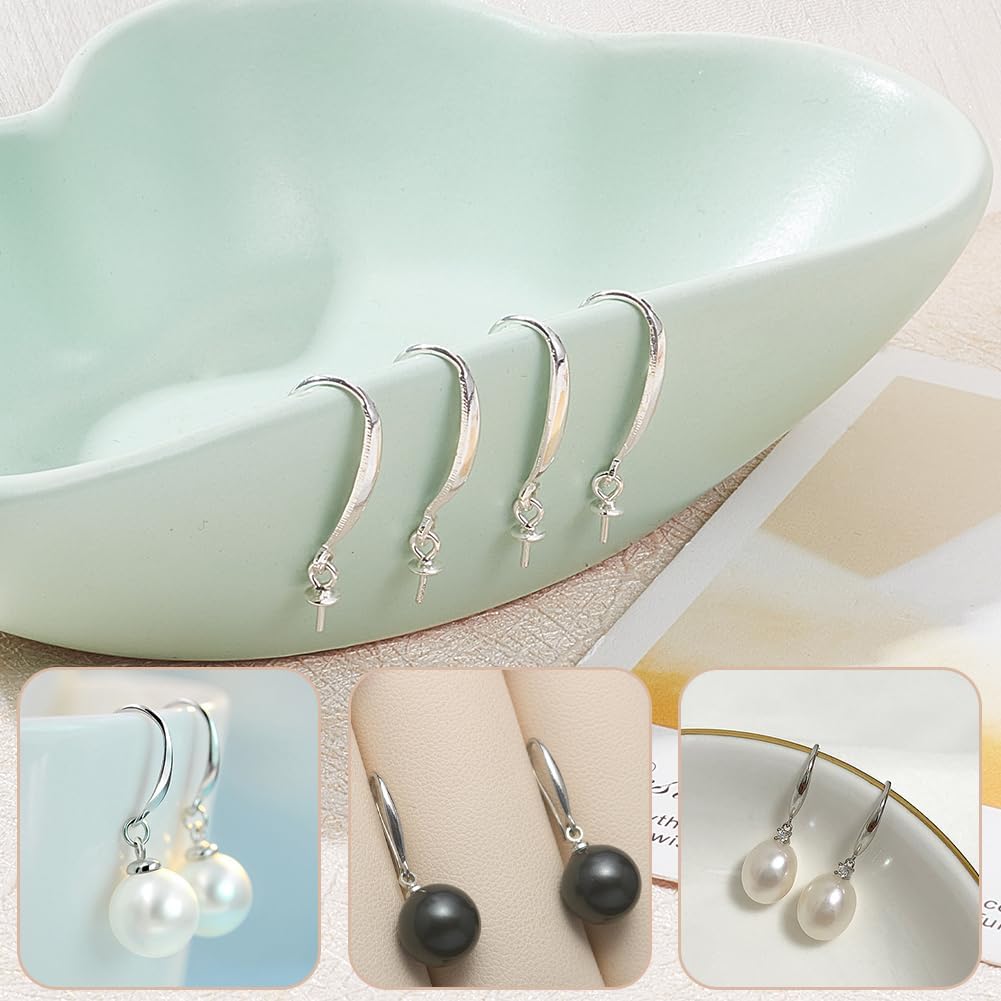 Beebeecraft 1 Box 4Pcs Earring Hooks Sterling Silver Eye Pin Posts Cup Pearl Peg Bails Ear Wire Setting for 0.8mm Half Drilled Bead Jewelry Necklace Making