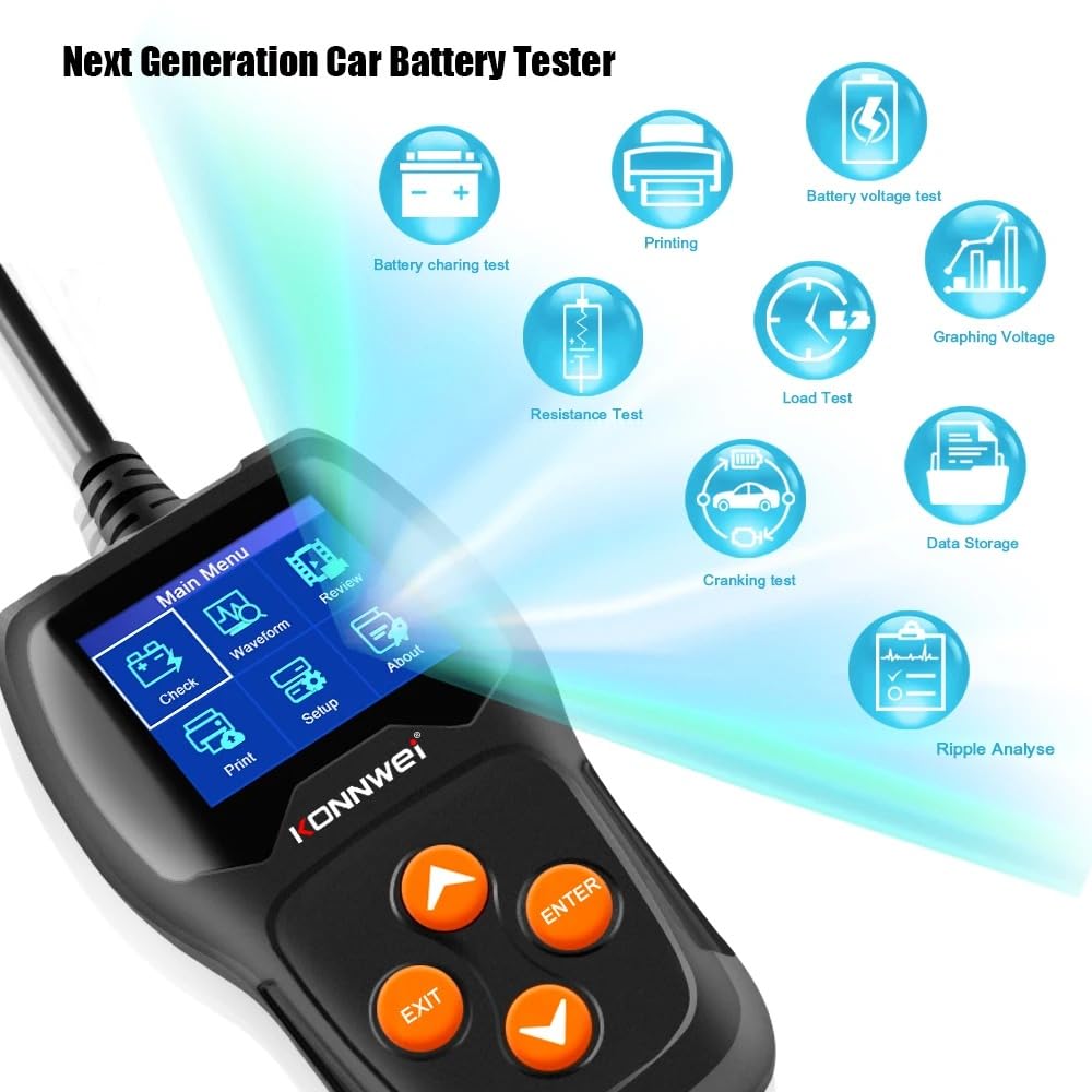 KONNWEI KW600 12V/24V Car Battery Tester – Automotive Battery Analyzer with 100–2000 CCA, Graphic Voltage Monitoring, Cranking & Charging System Test, Alternator Check, for Cars, Motorcycles, Marine