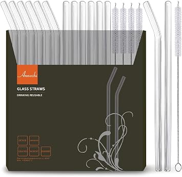 ANNVCHI 16 Pack Reusable Glass Straws,Set of 6 Straight and 6 Bent with 4 Cleaning Brush,Perfect for Smoothies,Tea, Juice, Milkshakes8.5x10 MM