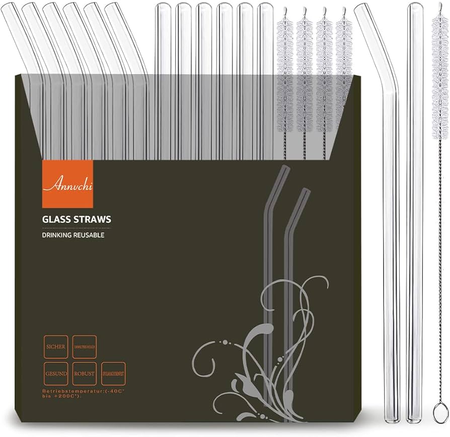 16 Pack Reusable Glass Straws,Set of 6 Straight and 6 Bent with 4 Cleaning Brush,Perfect for Smoothies,Tea, Juice, Milkshakes(8.5''x10 MM)