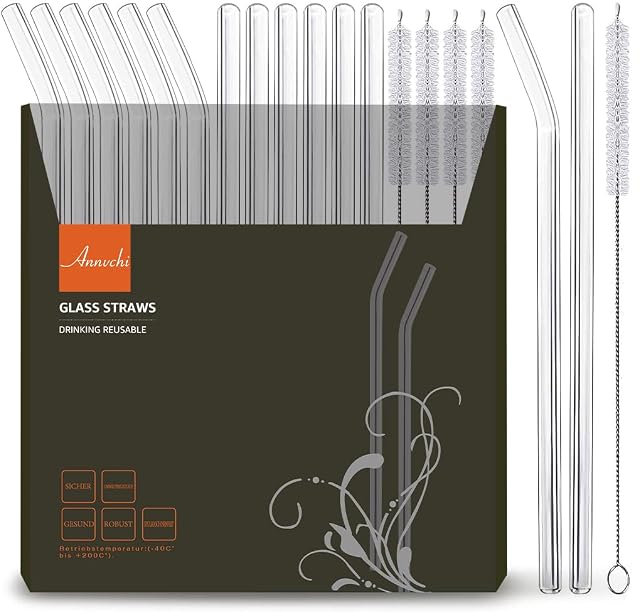 ANNVCHI 16 Pack Reusable Glass Straws Set of 6 Straight and 6 Bent with 4 Cleaning Brush Perfect
