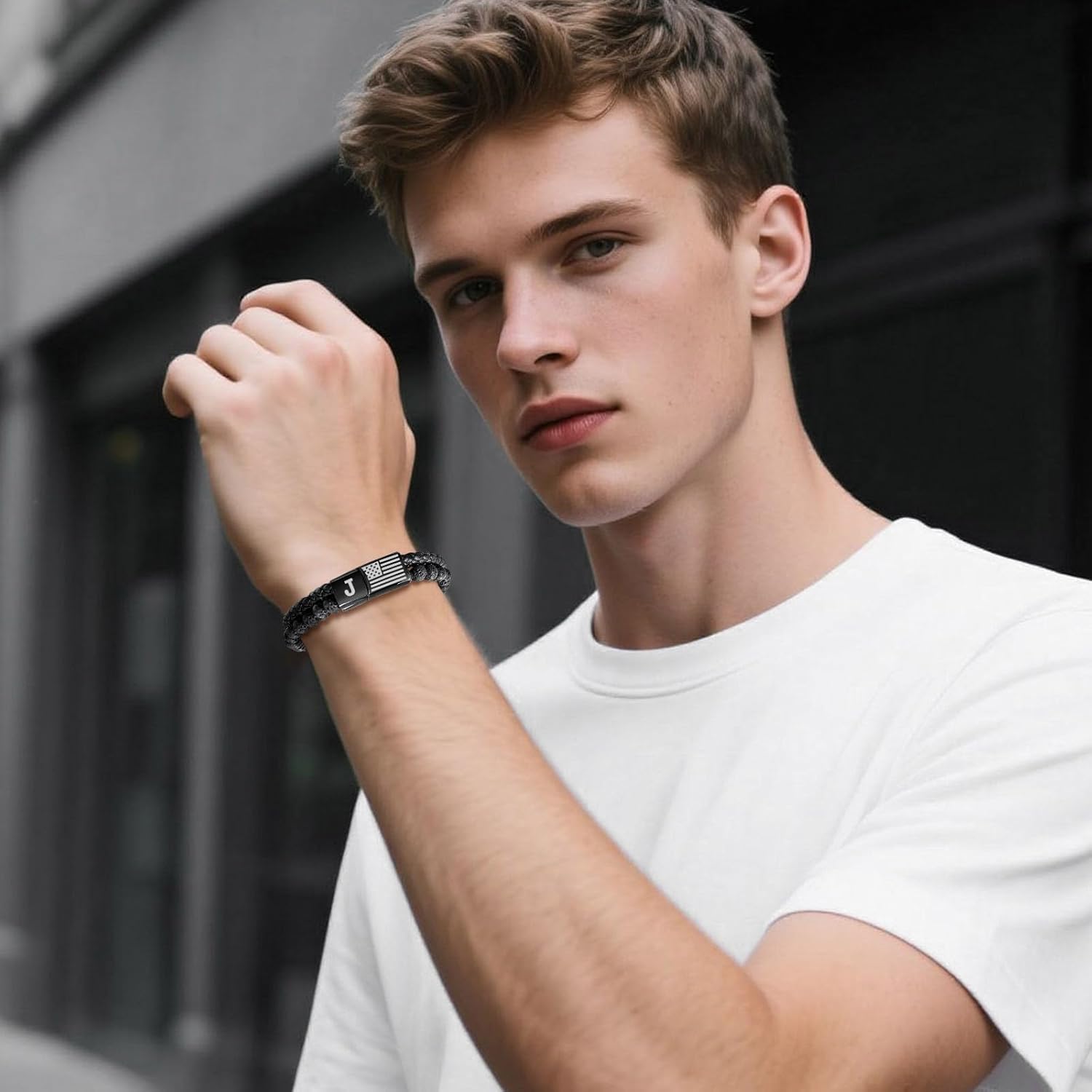 Leather Initial Bracelet for Men Gifts : Mens American Flag Black Lava Rock Braided Cord Letter Wristband for Valentines Birthday Christmas Male Jewelry Gift for Him Husband Dad Son Boyfriend - Image 7