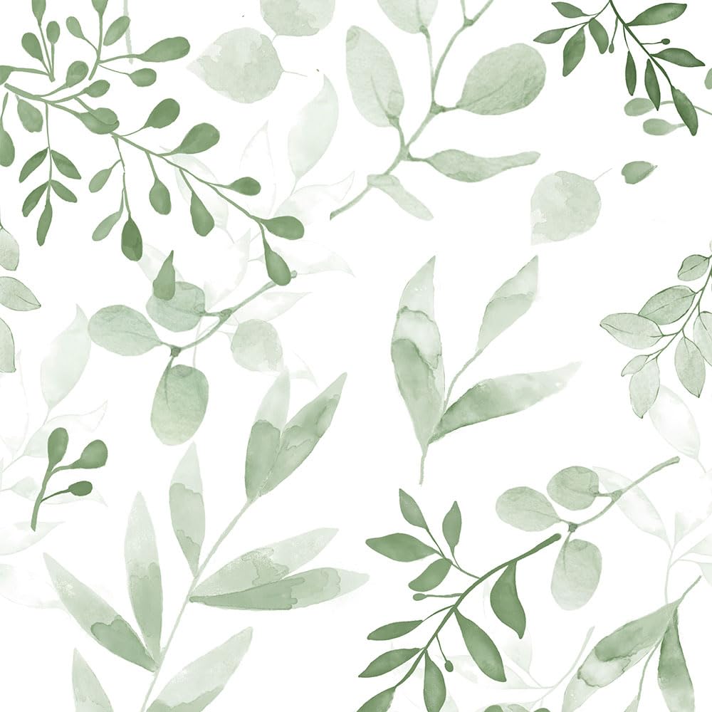 ZAMNEA Green Leaf Wallpaper, Vinyl Soft Sage Green Eucalyptus Peel and Stick Wallpaper Thicken Boho Botanical Watercolor Wall Paper for Table Shelf