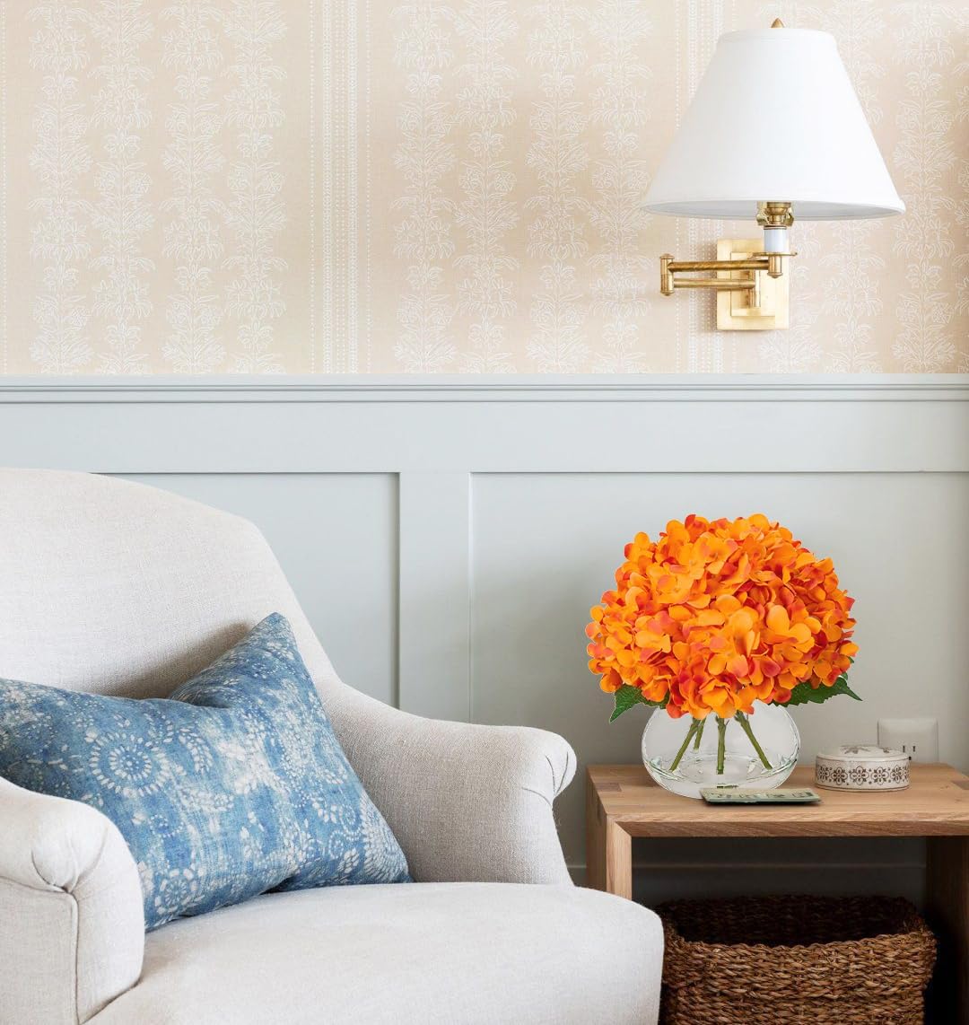 Hollyone Hydrangea Artificial Flowers in Vase Orange Silk Fake Flowers Arrangements with Glass Vase with Faux Water Faux Floral Bulk Bouquet for Office Table Centerpiece Shelf Home Decoration - Image 5