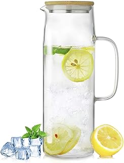 ZDZDZガラスピッチャー 竹製蓋 耐熱ガラスポット 冷蔵庫ポットスリム 家族会社用 (1300ML)