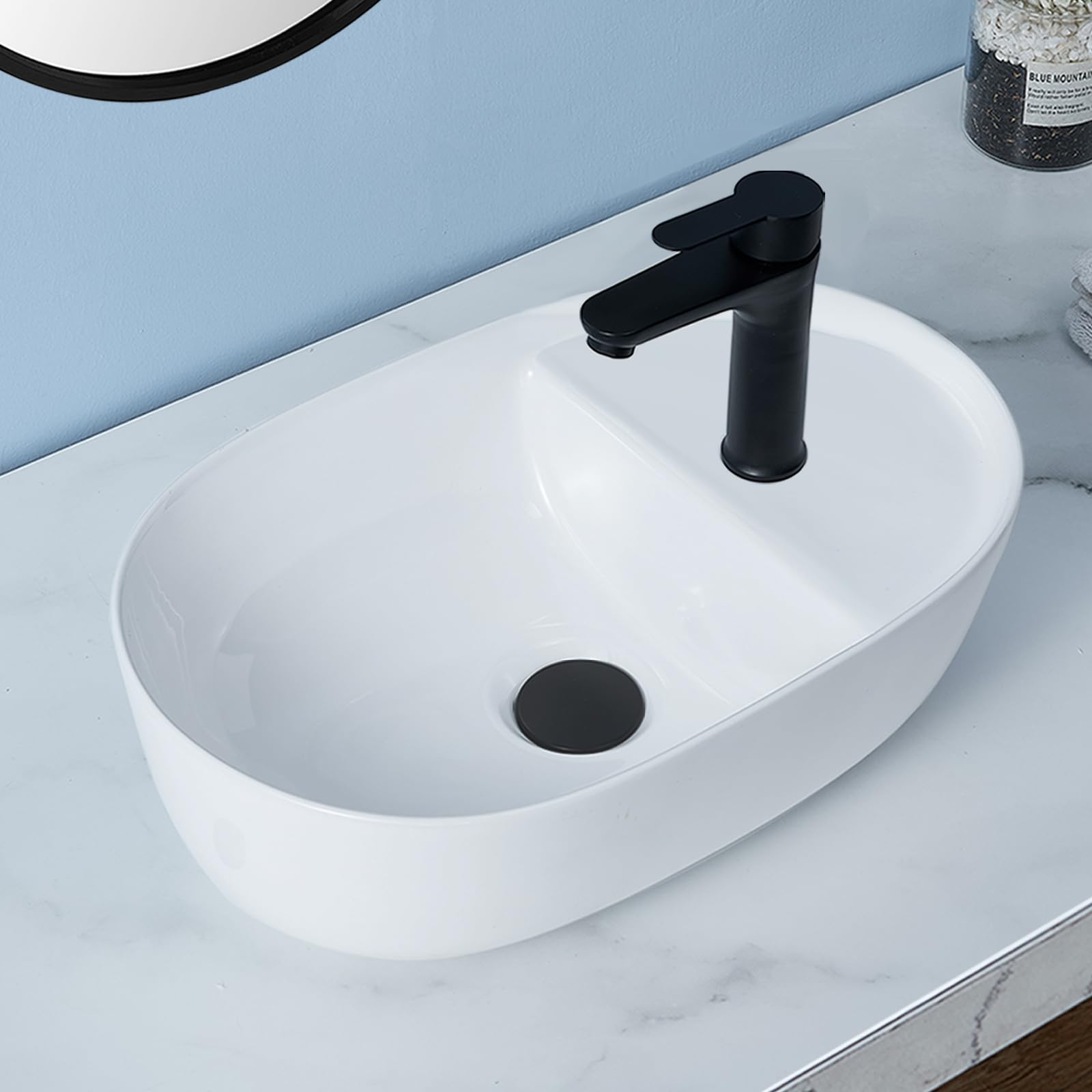 Oval Vessel Sink, 16" x 10" White Bathroom Vessel Sink, Above Counter Porcelain Ceramic Vessel Sinks for Bathrooms, Small Vanity Sink Washing Art Basin with Faucet Hole