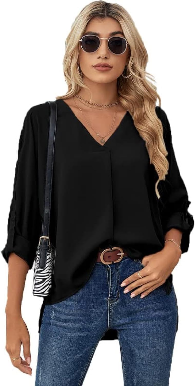 SeocsingWomen's Summer Silky V-Neck Long Sleeve Blouses Shirts Casual Solid Color Soft Satin Shirt Tops Womens Elegant Temperament Chiffon Shirts Office Work Shirts 3/4 Sleeve T-Shirt Tops