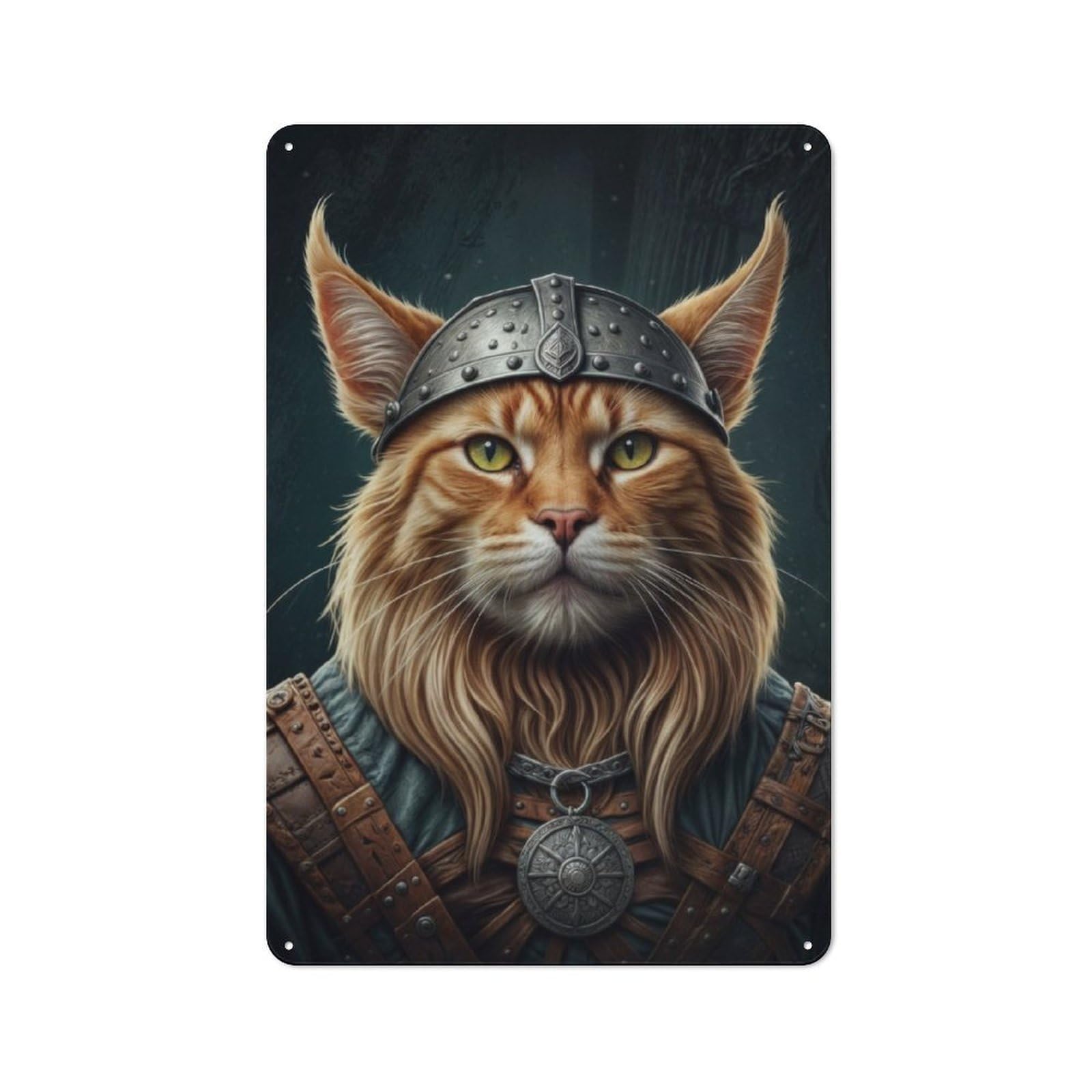 Junmoney Viking Cat Portrait Decorative Metal Plaque 30X20cm, Modern Retro Urban Room Decor For Workspace, Cafe, Hallway Or Garage