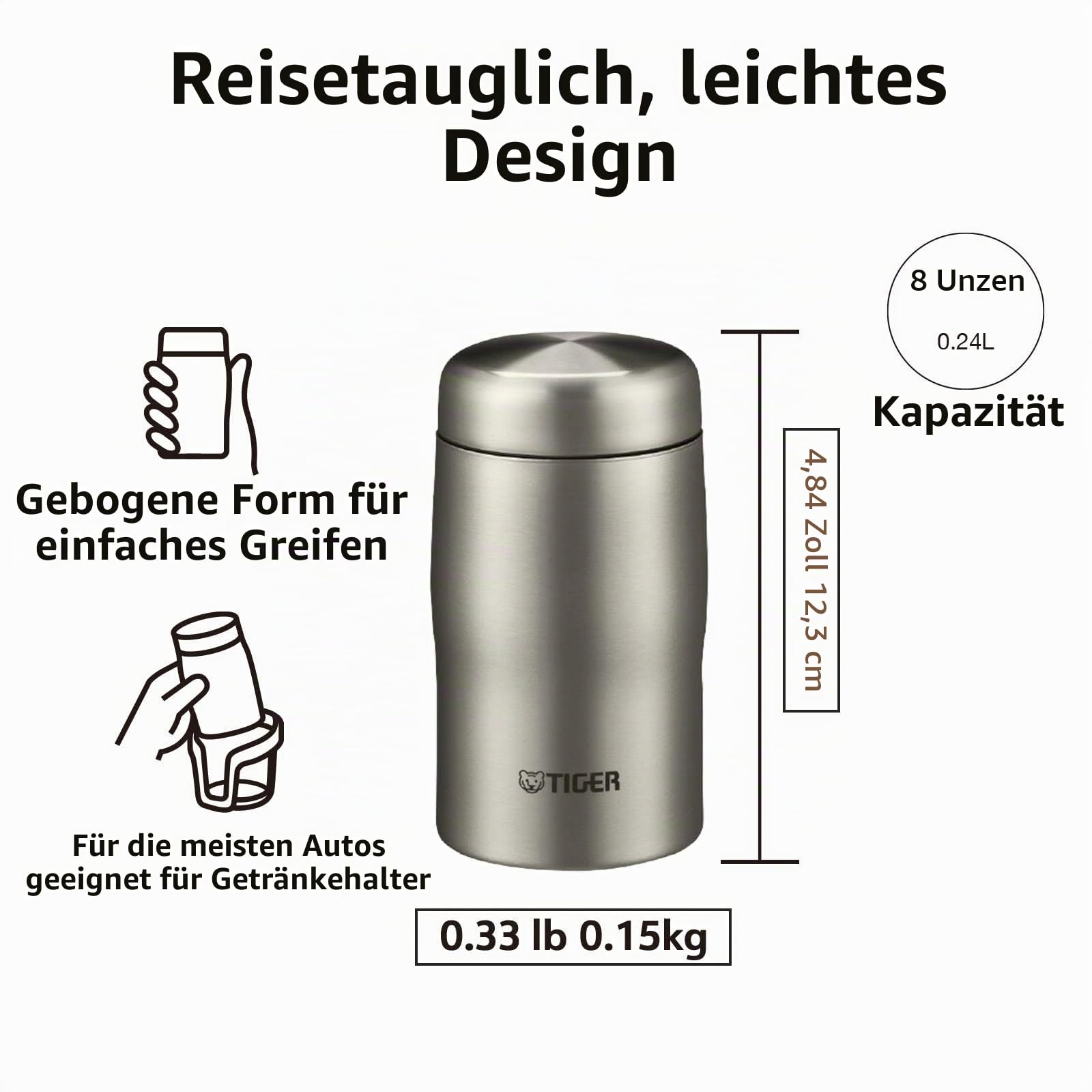TIGER Made in Japan Vakuumisolierte Edelstahl-Wasserflasche, 240 ml, MJF-A024XF – transparenter Edelstahl