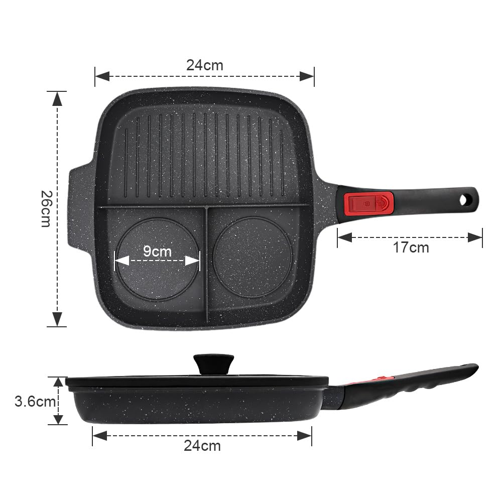 Bistecchiera Antiaderente con Manico Rimovibile e Coperchio, Padella Grill Quadrata 3 Sezioni, Induzione Compatibile 28 x 24 cm - Nero