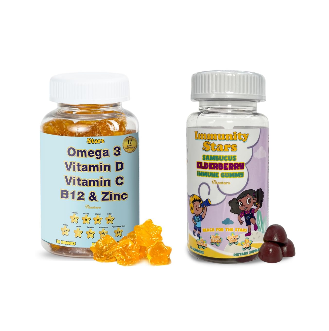 Stars Multivitamin Gummies with Omega 3 & Selenium + Elderberry Gummies with Vitamin C & Zinc Immune Boost Bundle