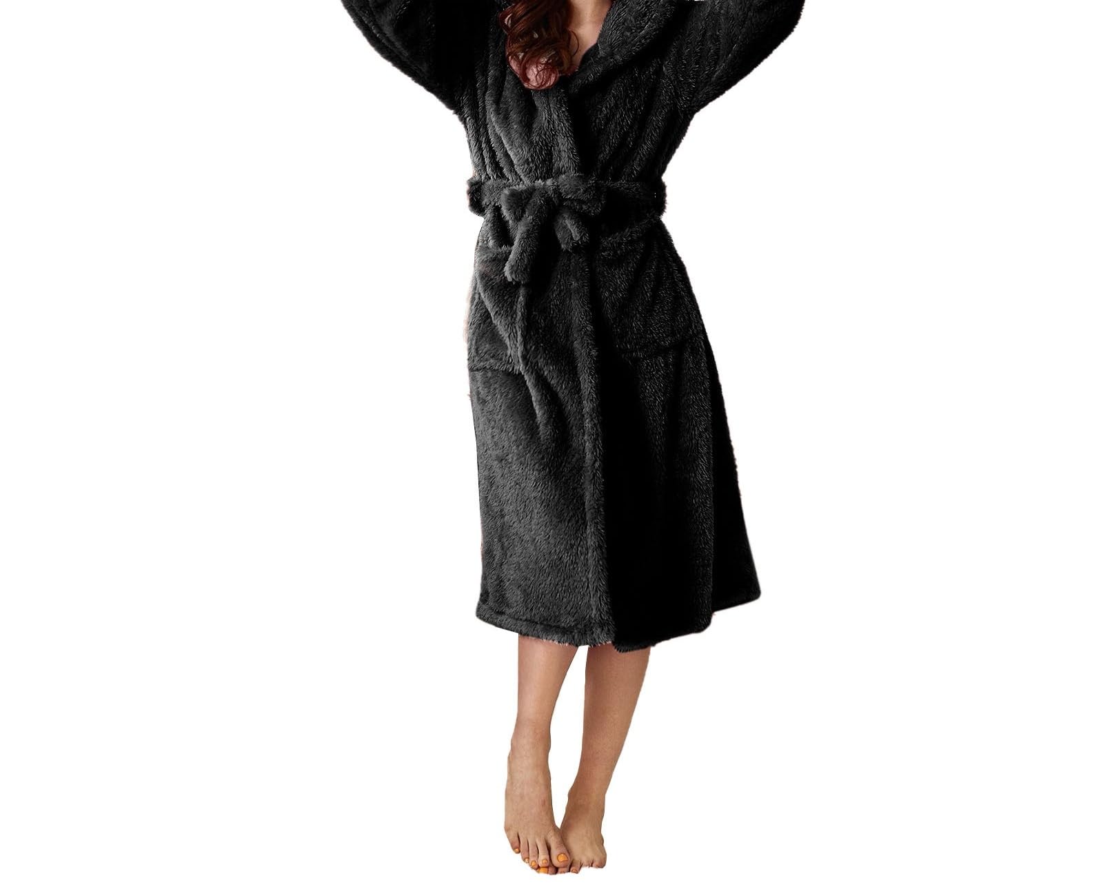 Albornoz Negro Liso con Capucha para Mujer, Suave, Esponjoso, Cálido, Liso, Largo, con Cinturón, Ligero, Lujoso y Acogedor para Estar En Casa En Invierno.