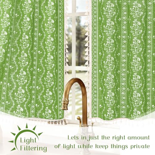 Image of Yinhua Boho Kitchen Curtains 36 Inch Length Vintage Linen Cafe Curtains Light Filtering Bohemian Floral Tier Rod Pocket Farmhouse Rustic Tassel Small Drapes with Tiebacks, 2 Panels, Green
