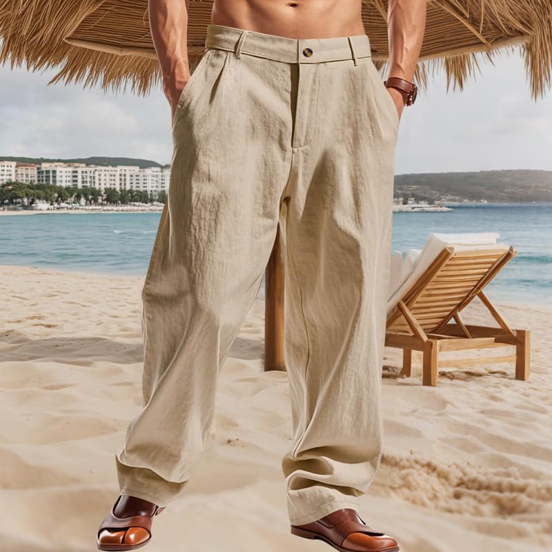 Men's Loose Fit Business Casual Suit Straight Cut Linen Pants