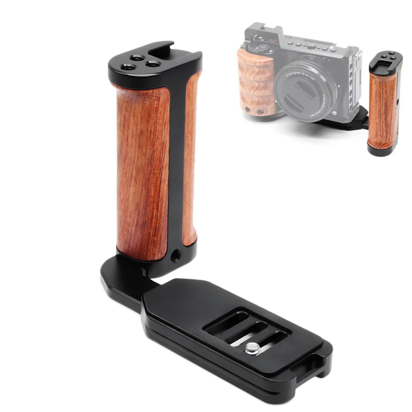 Camera Handle L Bracket, Single Camera Universal Side Handle, Aluminum Alloy Wood Handle Vertical Shooting L Plate Bracket with Cold Shoe for Microphone LED Light
