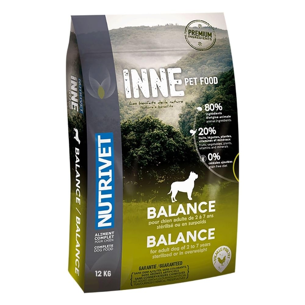 NUTRIVET - INNE Chien - Croquettes sans Céréales - Chien Adulte stérilisé ou en surpoids- Volaille - 80% d'ingrédients d'origine Animale - 12 kg